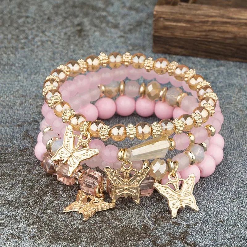 Pink Butterfly Beaded Bracelet Set (4 pcs)