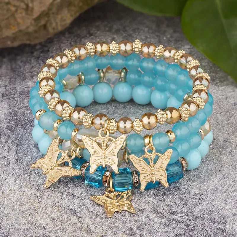 Pink Butterfly Beaded Bracelet Set (4 pcs)