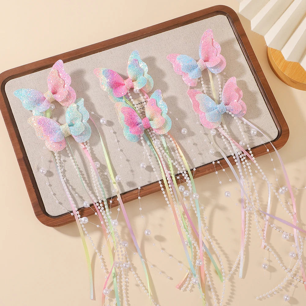 Glitter Butterfly Pearl Tassel Hair Clips (2 pcs)