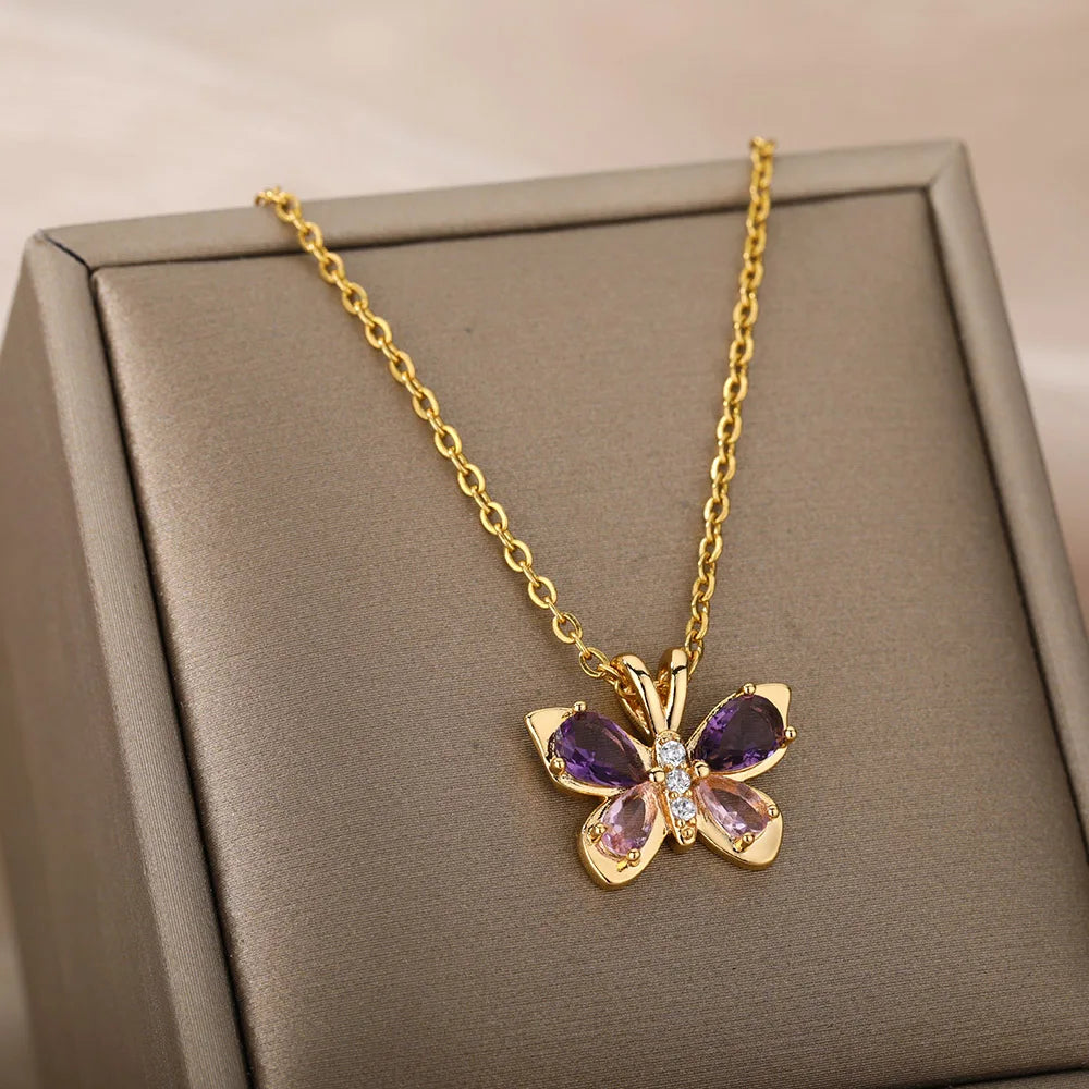 Purple Butterfly Crystal Necklace