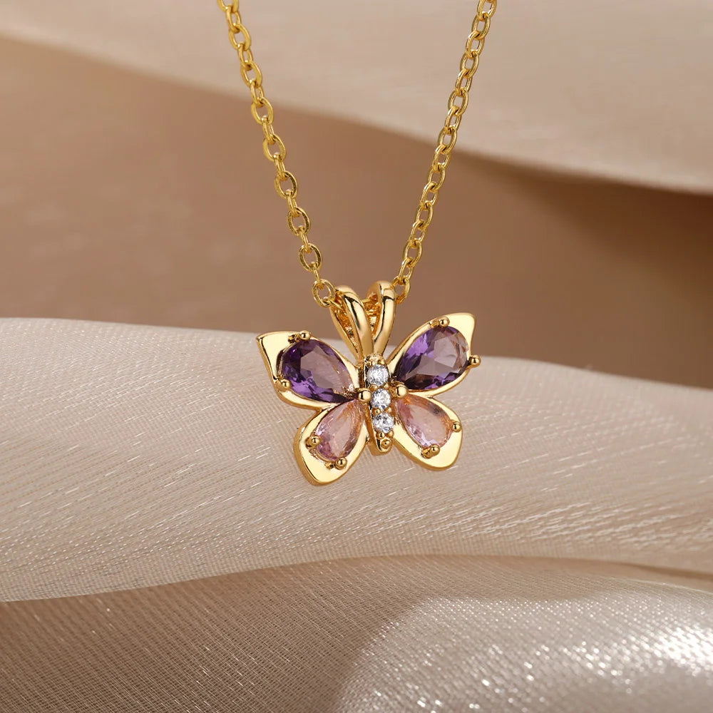 Purple Butterfly Crystal Necklace