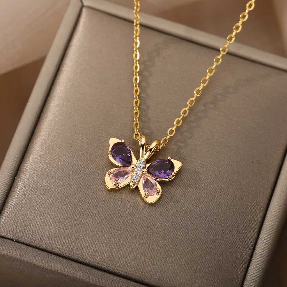 Purple Butterfly Crystal Necklace