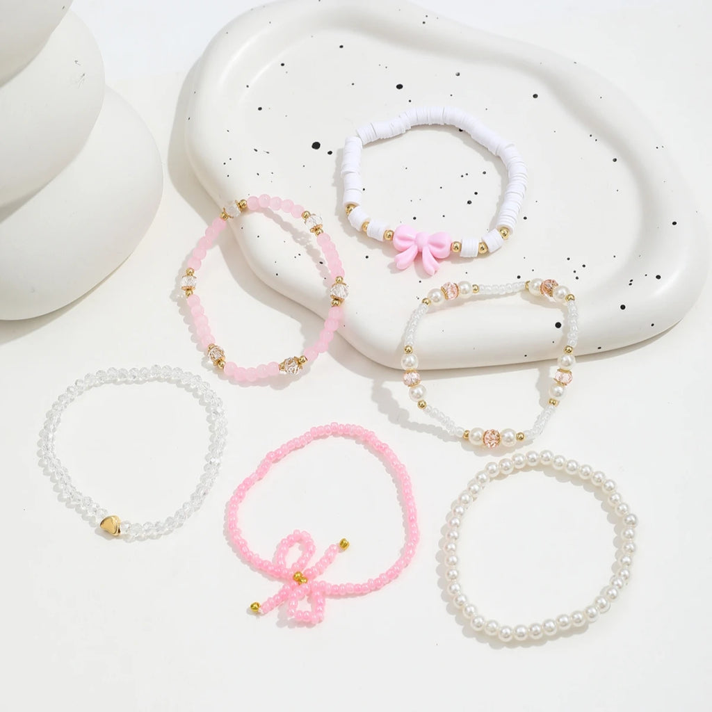 Pearl Heart & Bow Bracelet Set (6 pcs)
