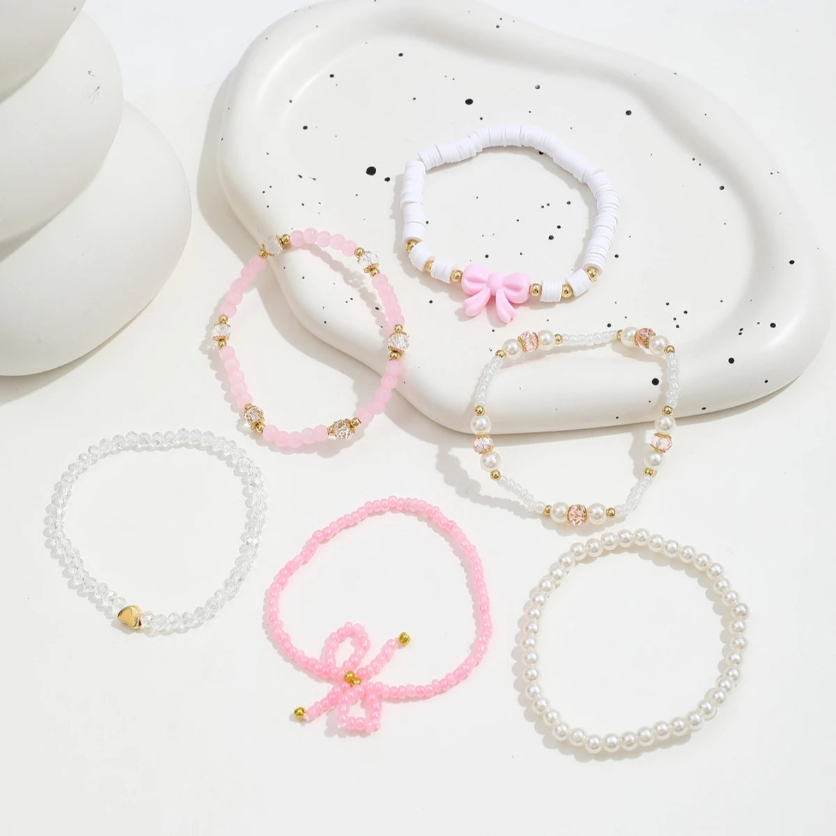 Pearl Heart & Bow Bracelet Set (6 pcs)
