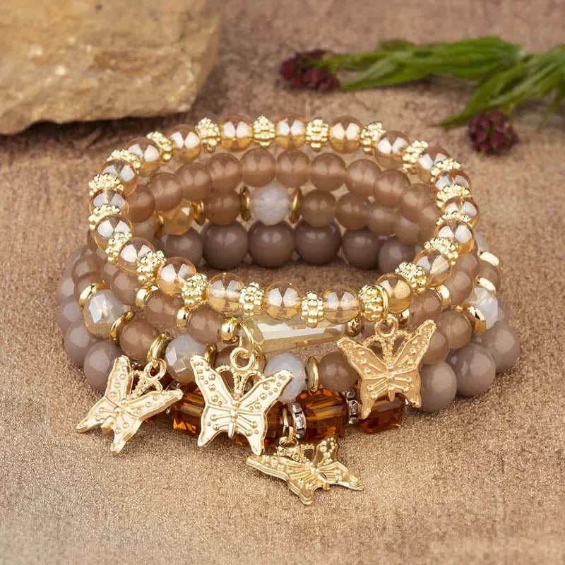Pink Butterfly Beaded Bracelet Set (4 pcs)
