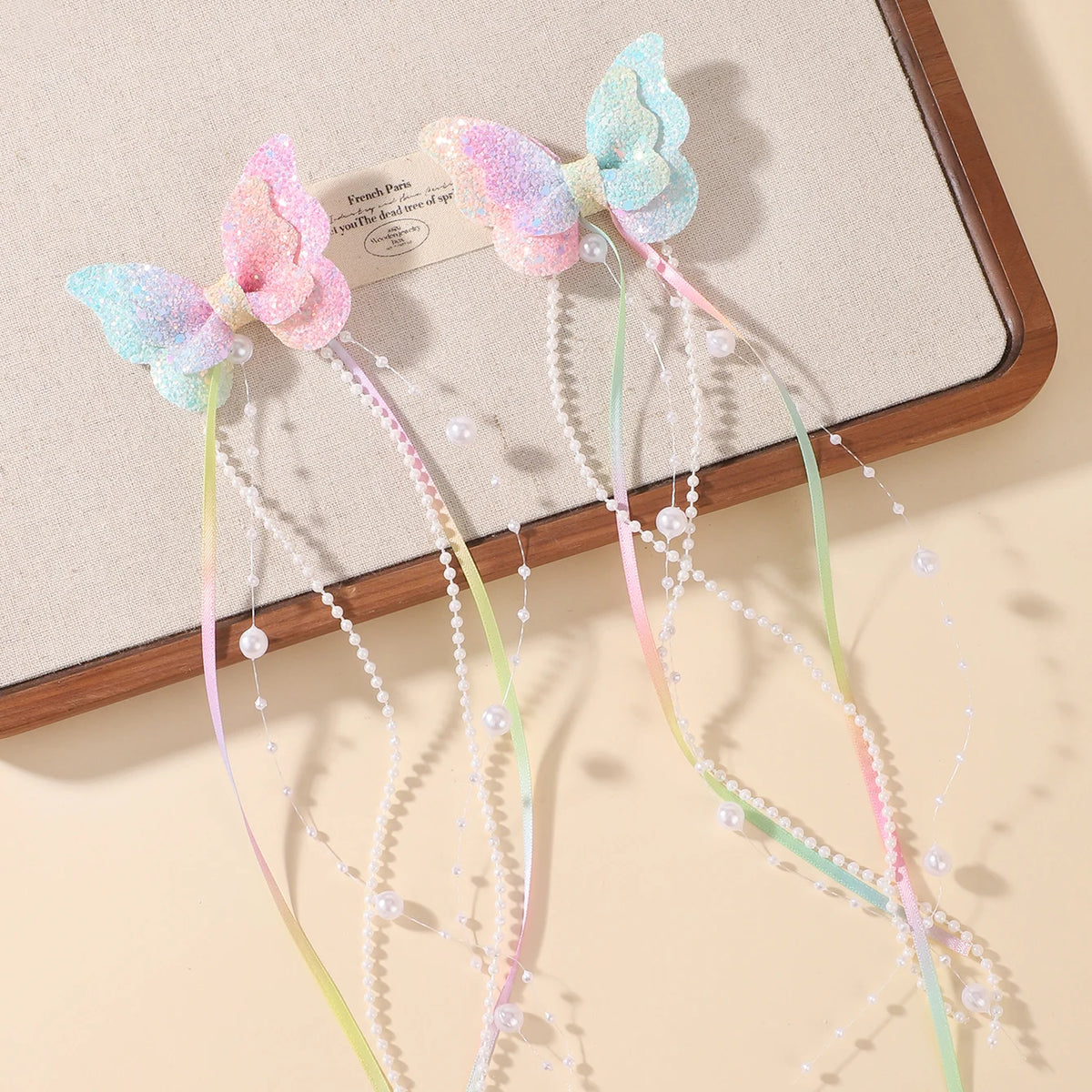 Glitter Butterfly Pearl Tassel Hair Clips (2 pcs)