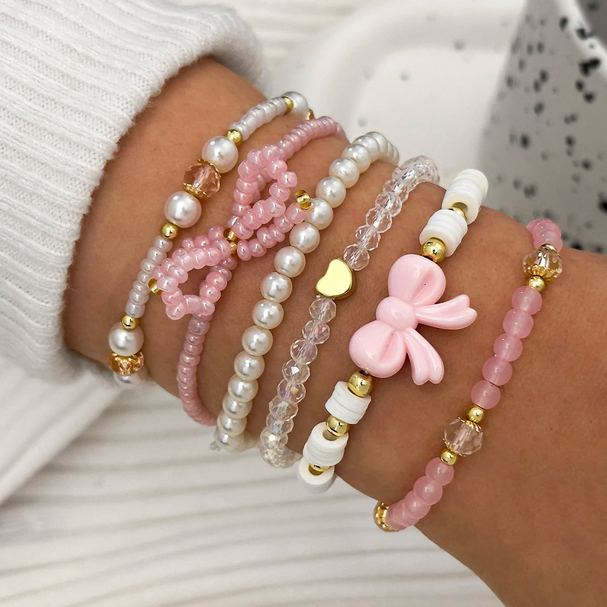 Pearl Heart & Bow Bracelet Set (6 pcs)