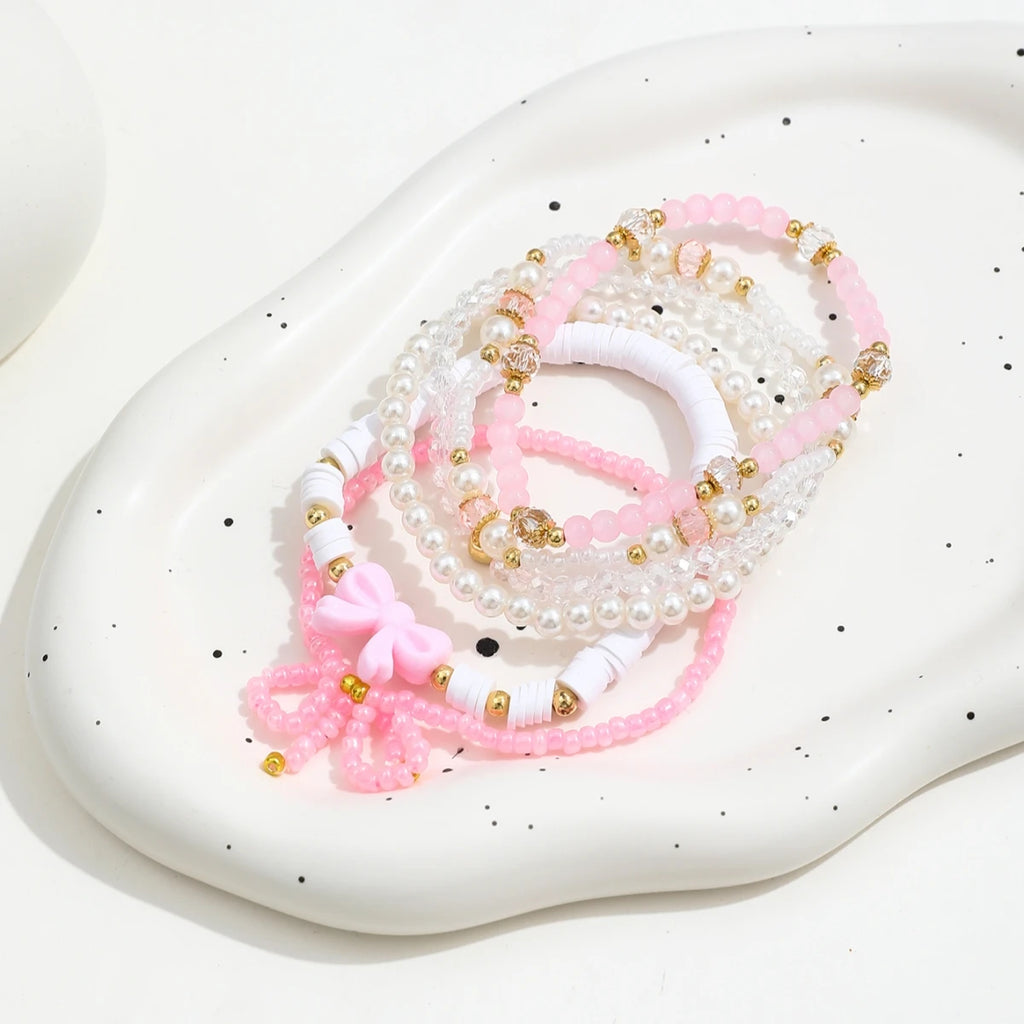 Pearl Heart & Bow Bracelet Set (6 pcs)