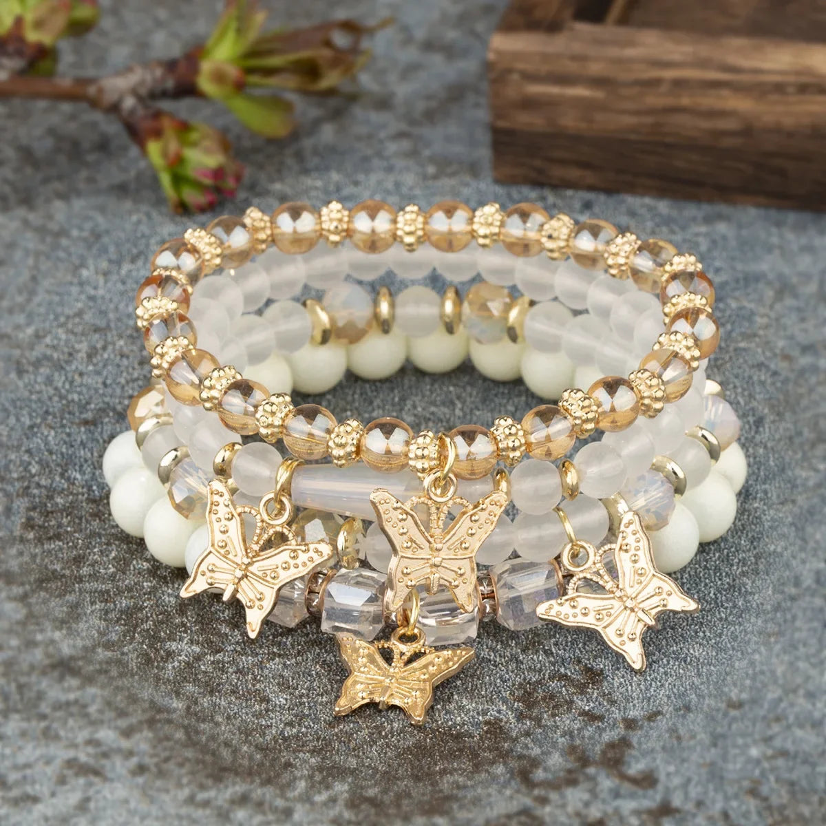 Pink Butterfly Beaded Bracelet Set (4 pcs)