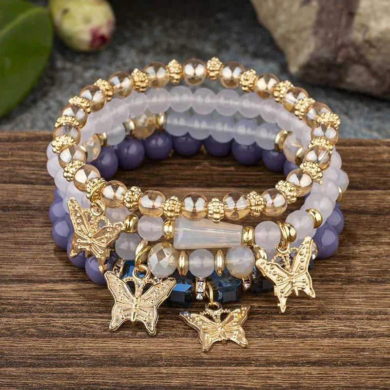 Pink Butterfly Beaded Bracelet Set (4 pcs)