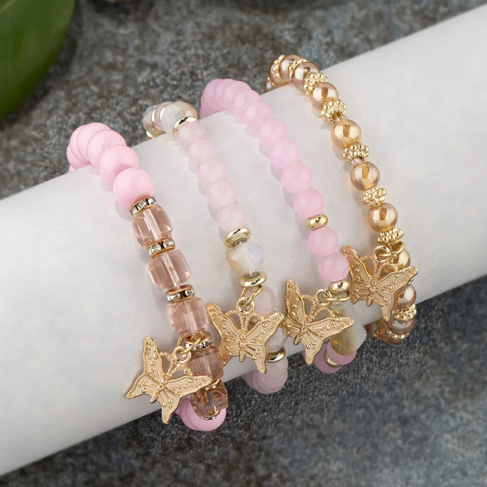 Pink Butterfly Beaded Bracelet Set (4 pcs)