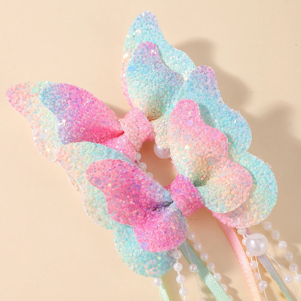 Glitter Butterfly Pearl Tassel Hair Clips (2 pcs)