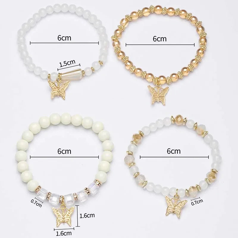 Pink Butterfly Beaded Bracelet Set (4 pcs)