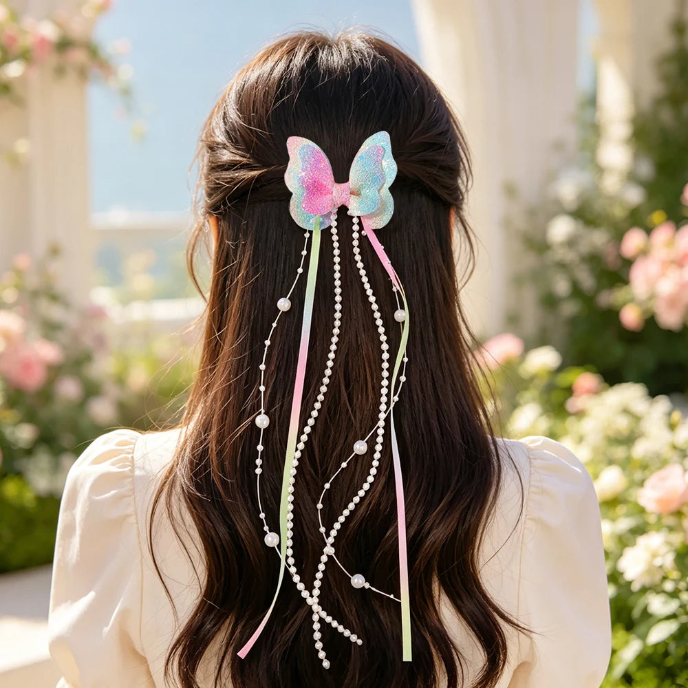 Glitter Butterfly Pearl Tassel Hair Clips (2 pcs)