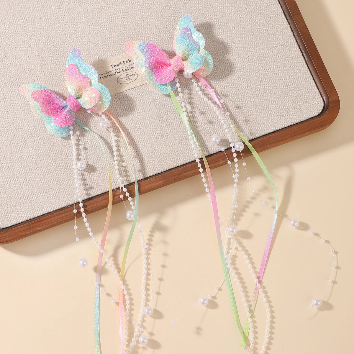 Glitter Butterfly Pearl Tassel Hair Clips (2 pcs)