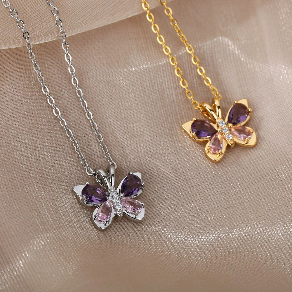 Purple Butterfly Crystal Necklace