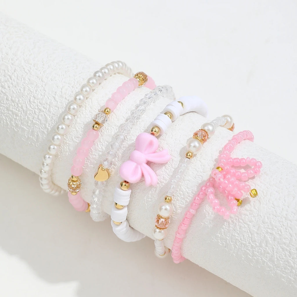 Pearl Heart & Bow Bracelet Set (6 pcs)