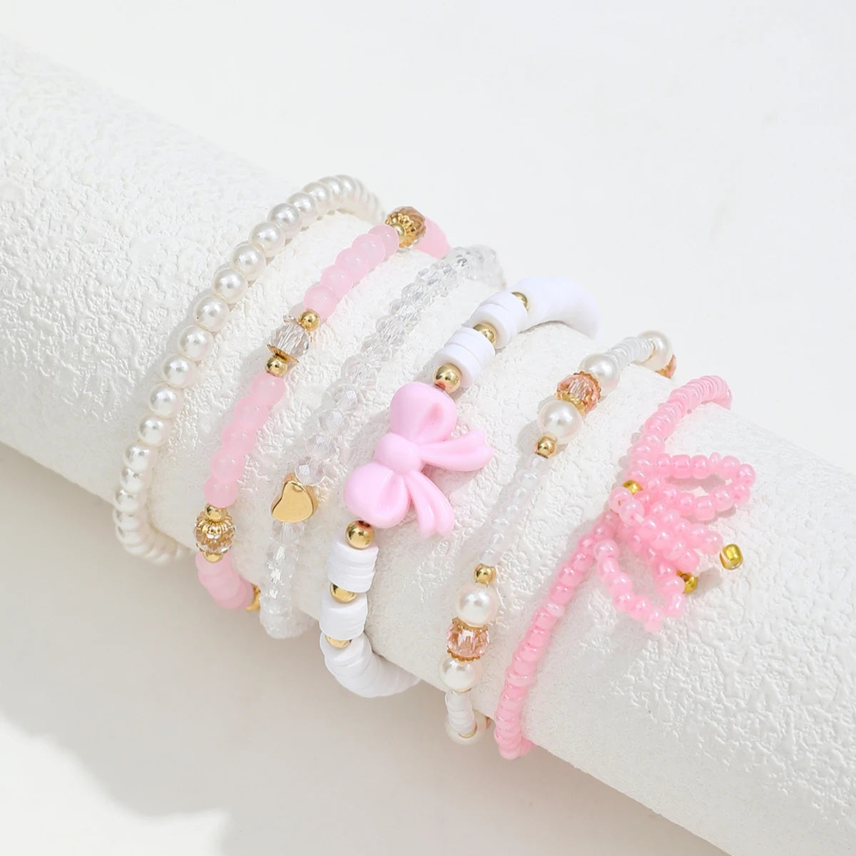 Pearl Heart & Bow Bracelet Set (6 pcs)