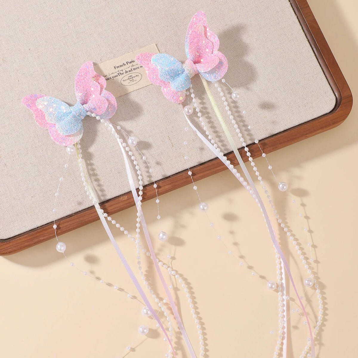 Glitter Butterfly Pearl Tassel Hair Clips (2 pcs)