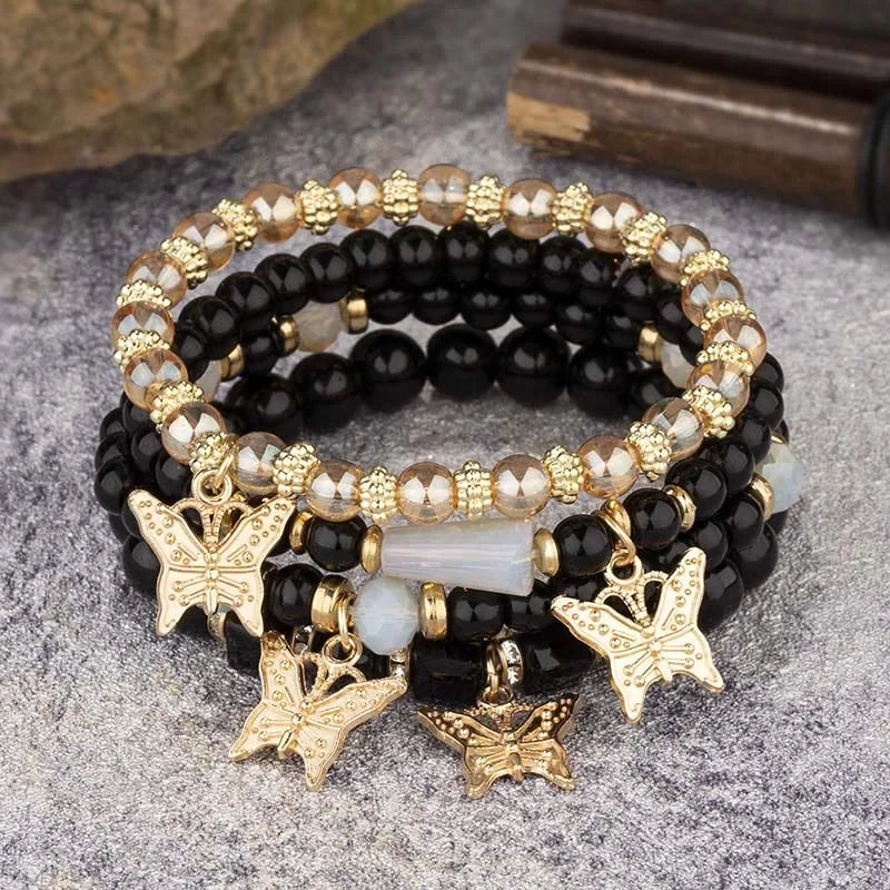 Pink Butterfly Beaded Bracelet Set (4 pcs)