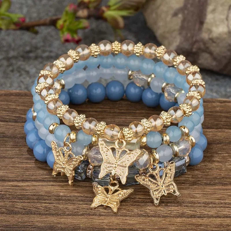 Pink Butterfly Beaded Bracelet Set (4 pcs)