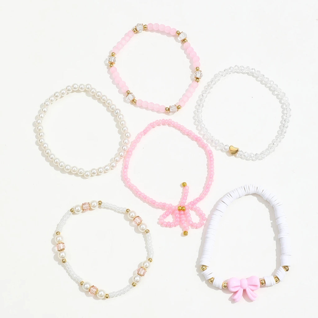 Pearl Heart & Bow Bracelet Set (6 pcs)