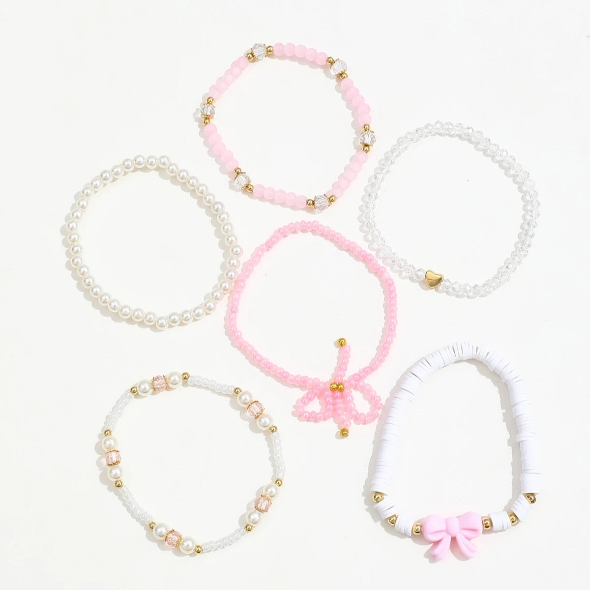 Pearl Heart & Bow Bracelet Set (6 pcs)