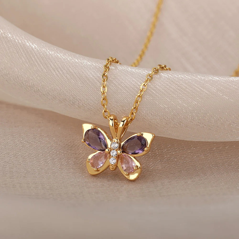 Purple Butterfly Crystal Necklace