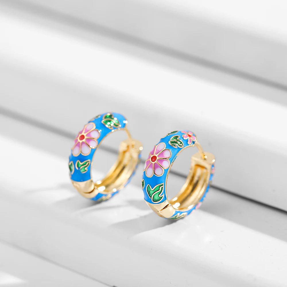 Enamel Flower Huggie Hoops