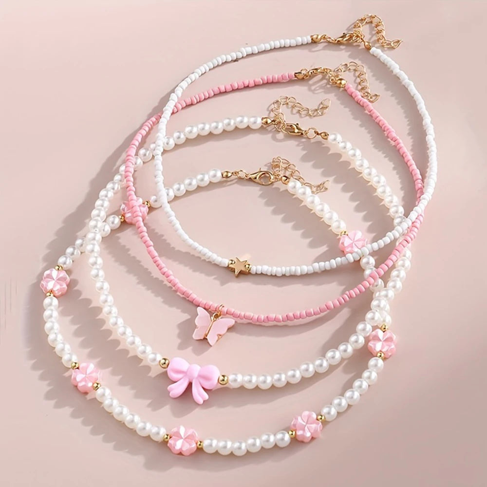 Butterfly, Heart & Pearl Necklace Set (4 pcs)