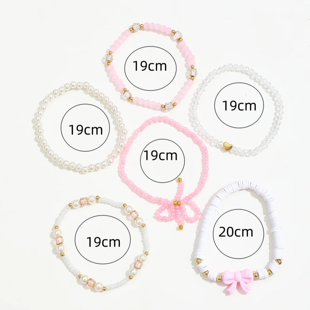 Pearl Heart & Bow Bracelet Set (6 pcs)