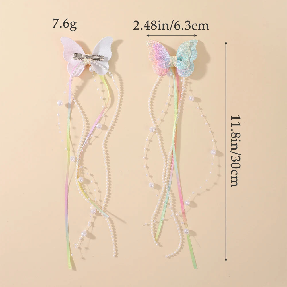 Glitter Butterfly Pearl Tassel Hair Clips (2 pcs)