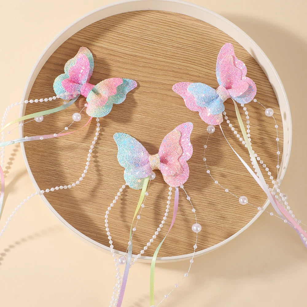 Glitter Butterfly Pearl Tassel Hair Clips (2 pcs)